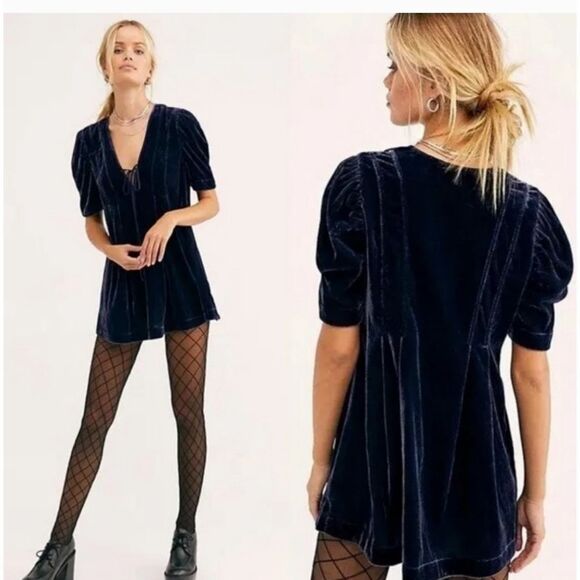 Free People Deep Blue Tie Front Adelle Velvet Tunic Dress Small New Nwt - Picture 1 of 9